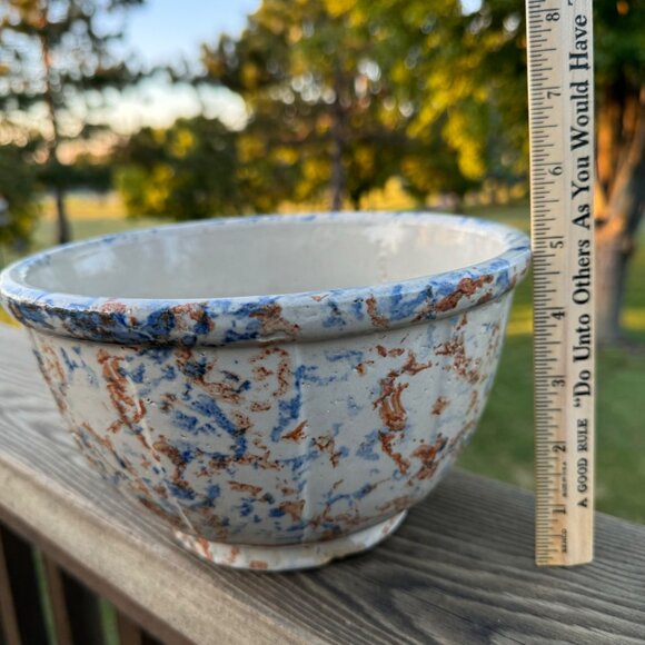 Red Wing Spongeware Stoneware Paneled Mixing Bowl 8" Rustic Blue Brown Vintage - Picture 9 of 16